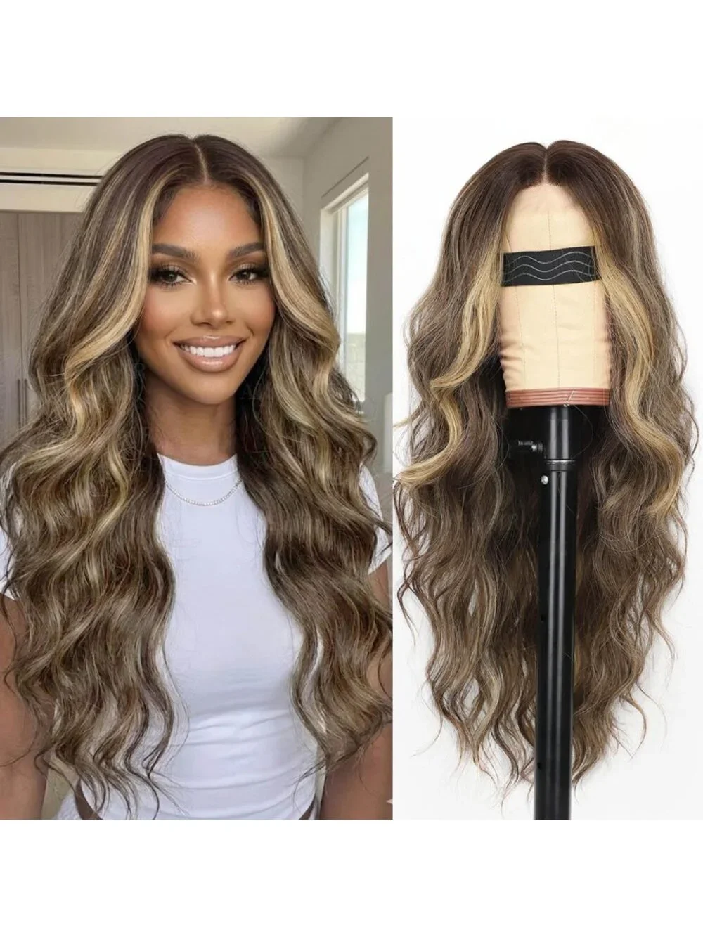 Women's Mocha Brown Lace Hairline 26 Inch Synthetic Heat Resistant Wavy Wigs